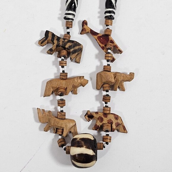 Handmade African Style Wild Animal Wood Beaded Single Loop Necklace 26" - Picture 2 of 6